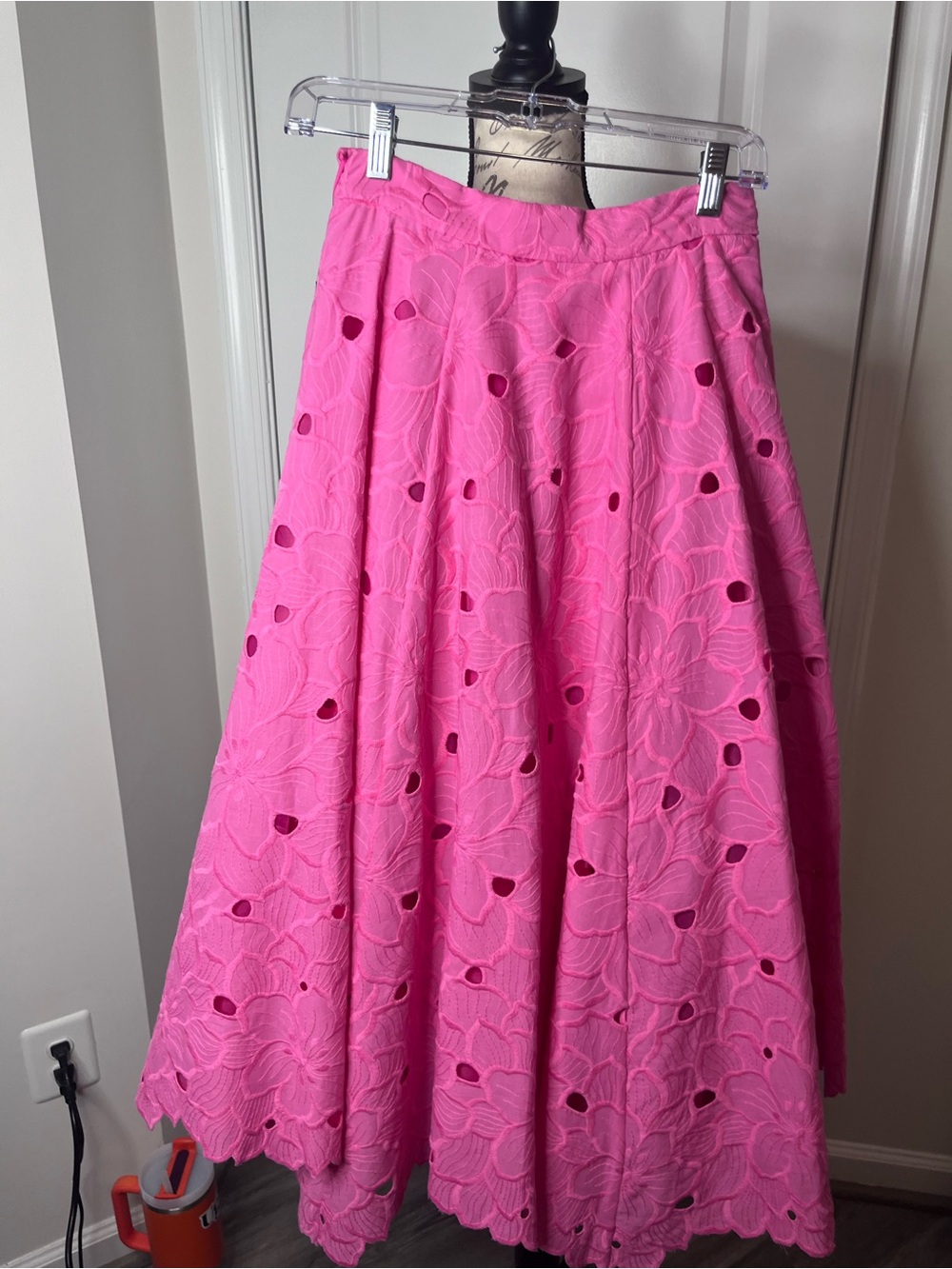 Mac Duggal Vibrant Pink Eyelet Midi A-Line Skirt